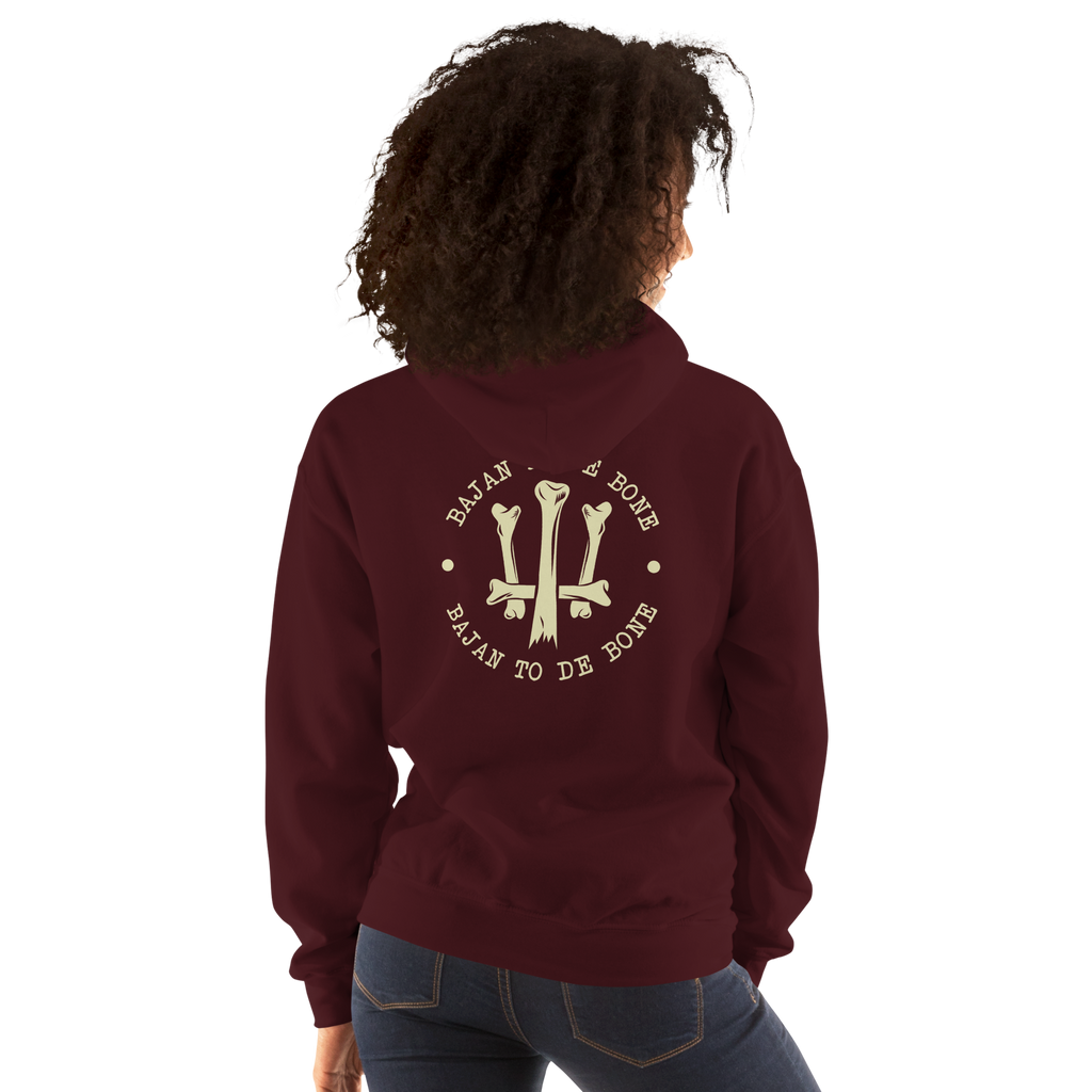 Person wearing a maroon hoodie with a barbados trident design on the back, standing against a white background